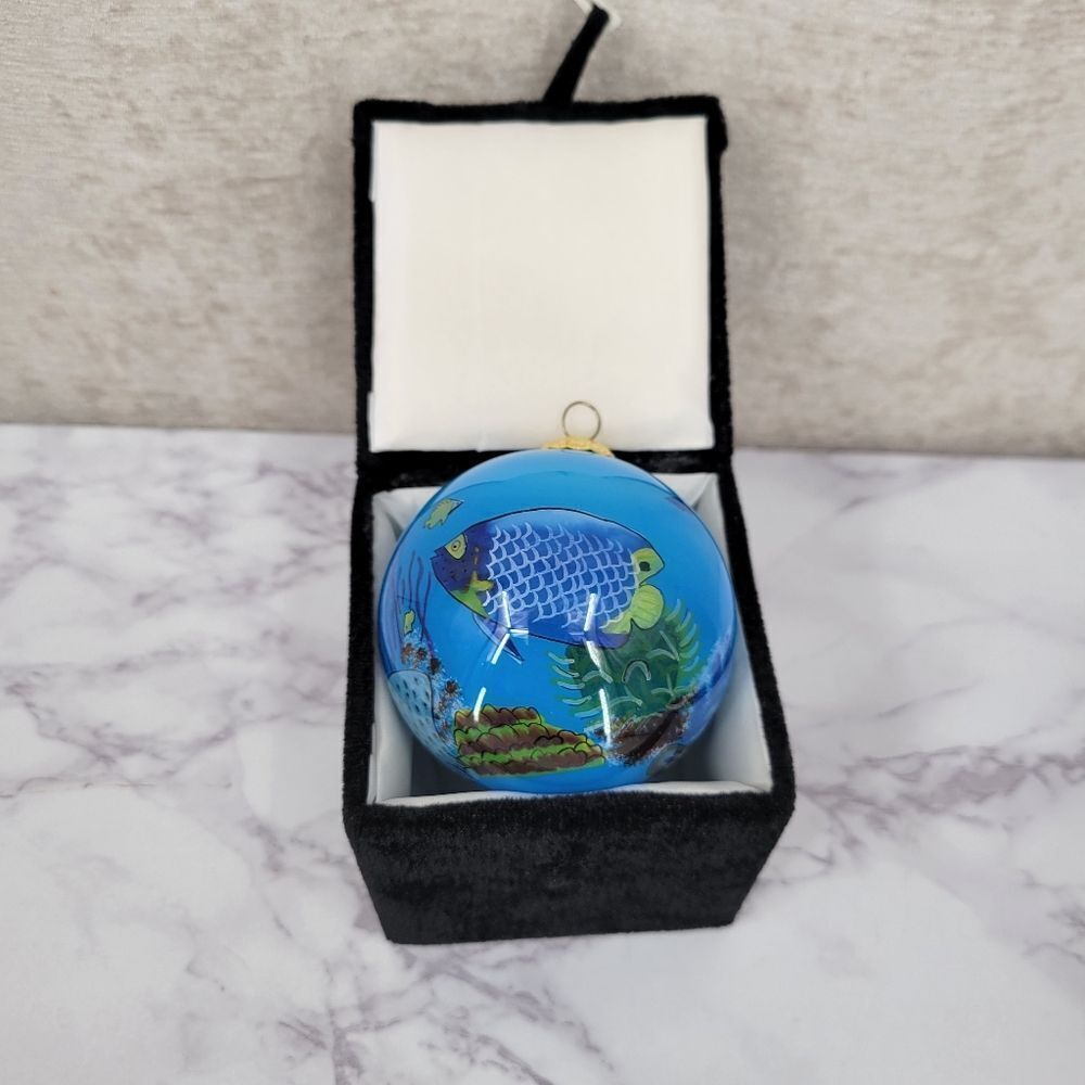 Vintage Glass Reverse Painted Blue Tropical Fish Ornament in Gift Box
